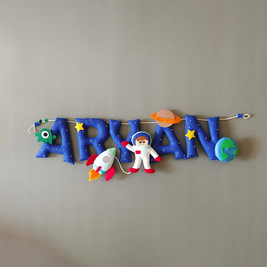 Hand Stitched Space Themed Felt Name Bunting - Front View Hanging on Wall