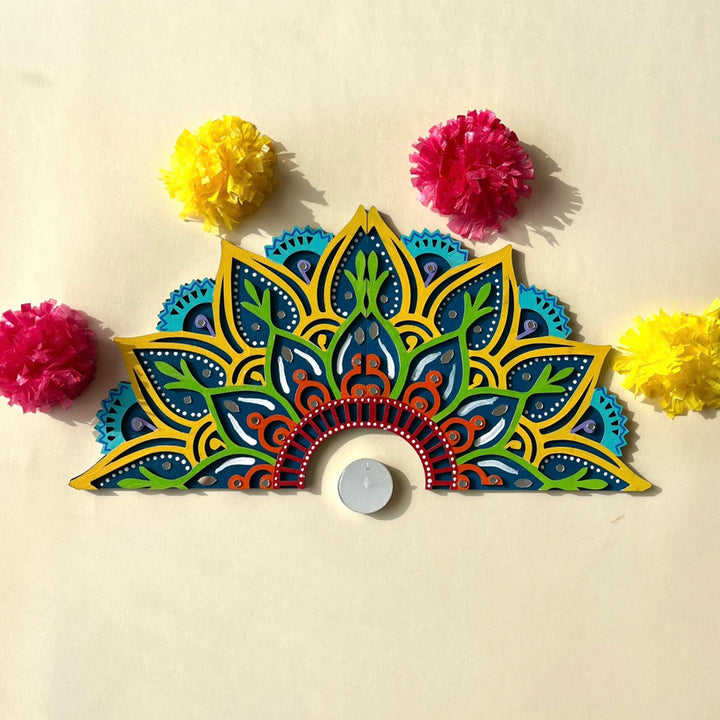 2 Pc | Hand-Painted Blue & Yellow Half-Moon Mdf Split Rangoli For Festive Decor