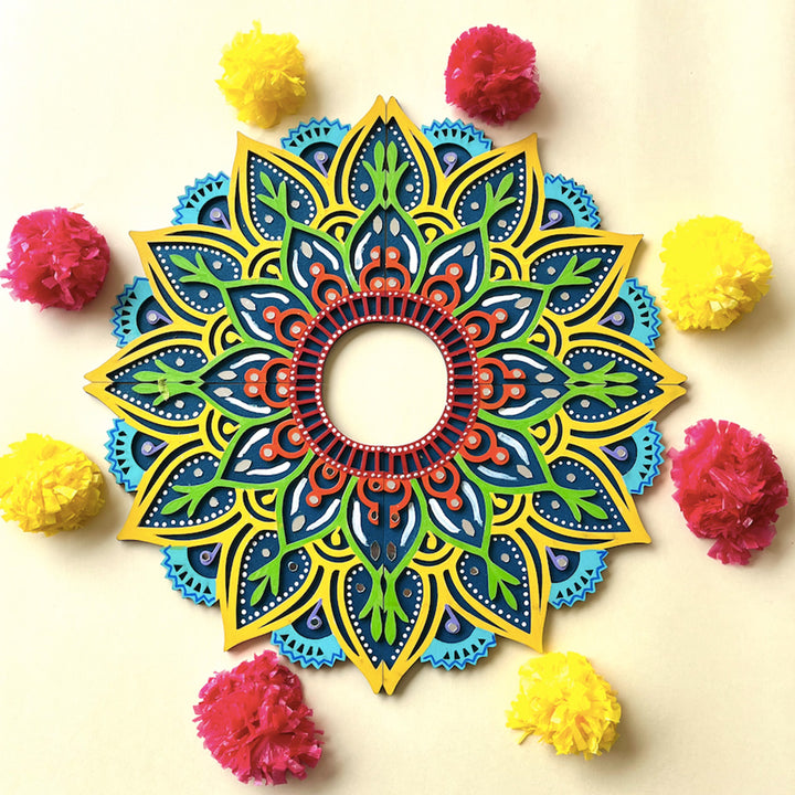 4 Pc | Hand-Painted Blue & Yellow Floral Mdf Split Rangoli For Festive Decor