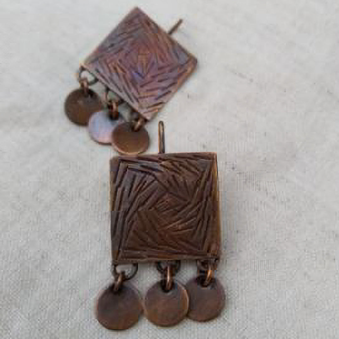 Contemporary Square Discs With Linear Texture Earrings