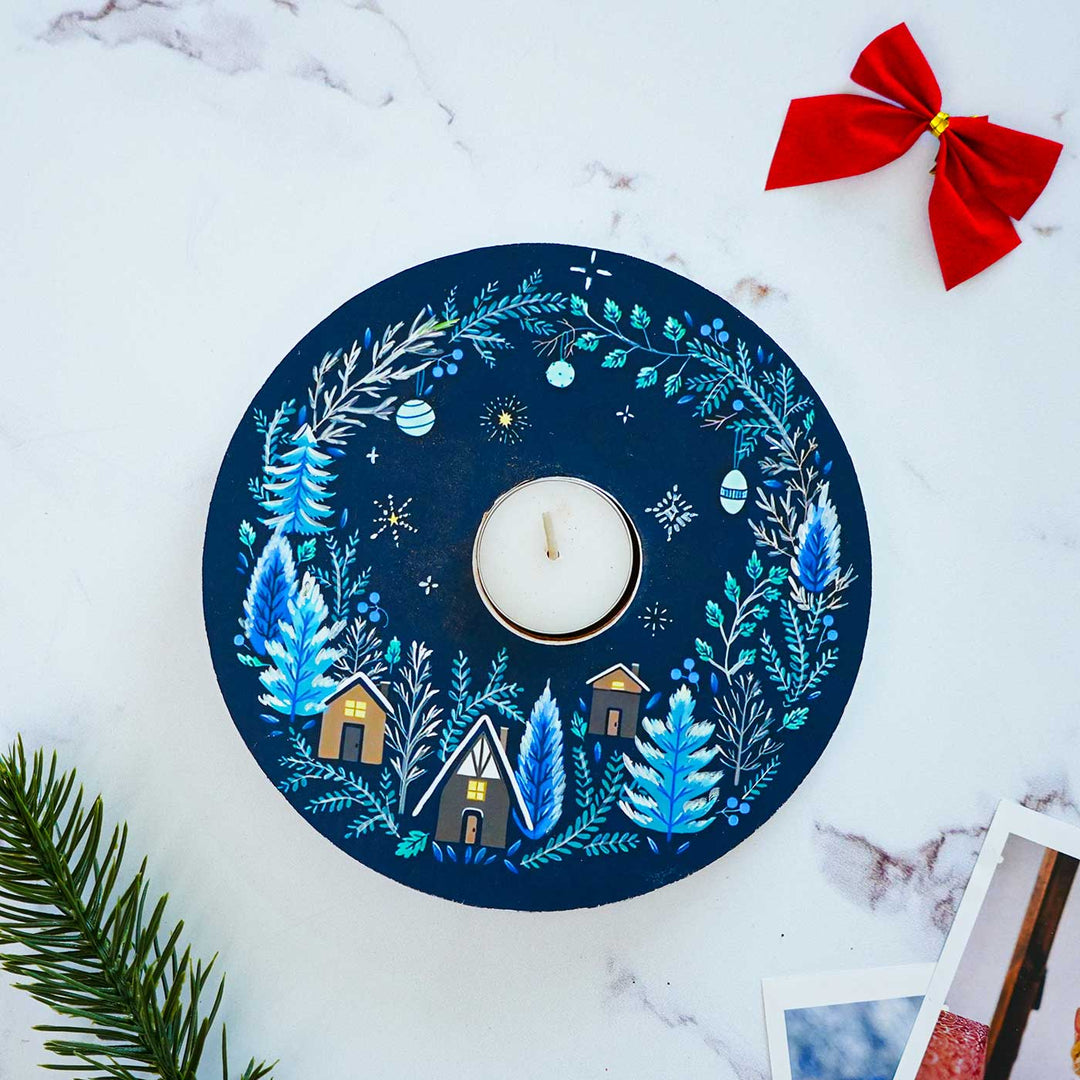 Hand-Painted "Starry Night" Mdf Wood Tealight Holders For Christmas Decoration