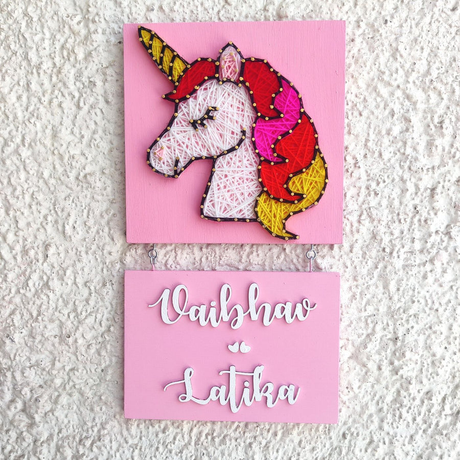 Personalized Kids Themed String Art Name Plate 6 - Mounted with Hanging Nameplate