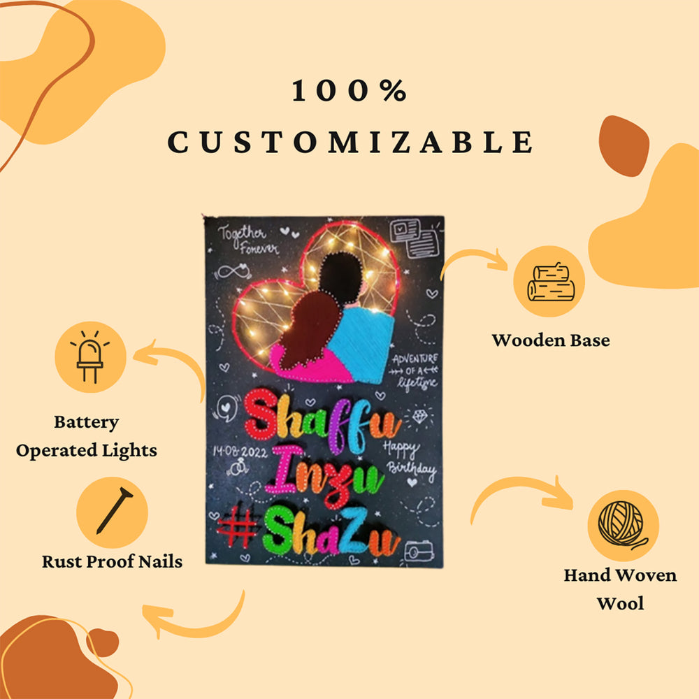 Personalized String Art Strings Of Unity Mdf Wood Name Plate For Couples - Front View with Customization Example
