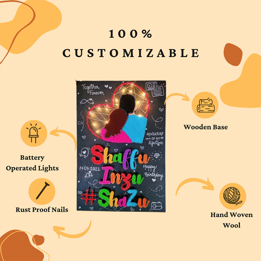 Personalized String Art Strings Of Unity Mdf Wood Name Plate For Couples - Front View with Customization Example