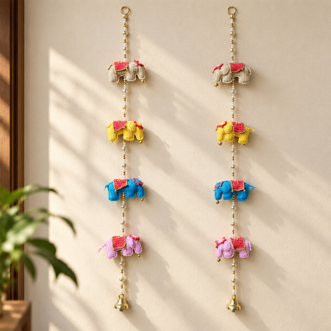 2 Pc |  Handmade Elephant Theme Crochet Wall Hanging with Bells & Ghungroo