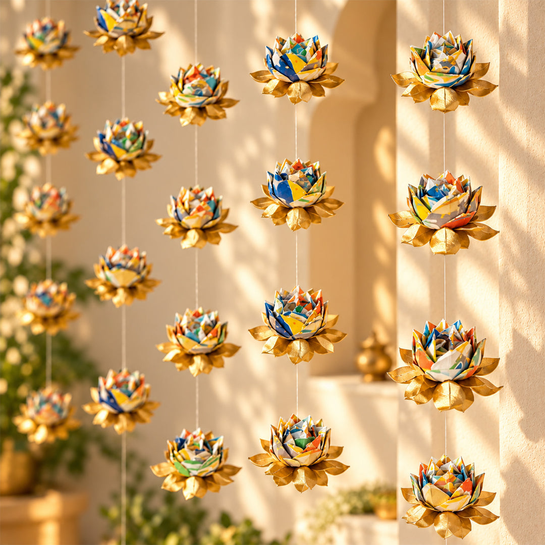 2 Pc | Hand-Marbled Origami Lotus Hanging In Tree-Free Paper - Multicolour & Gold
