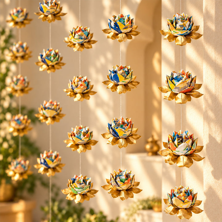 2 Pc | Hand-Marbled Origami Lotus Hanging In Tree-Free Paper - Multicolour & Gold