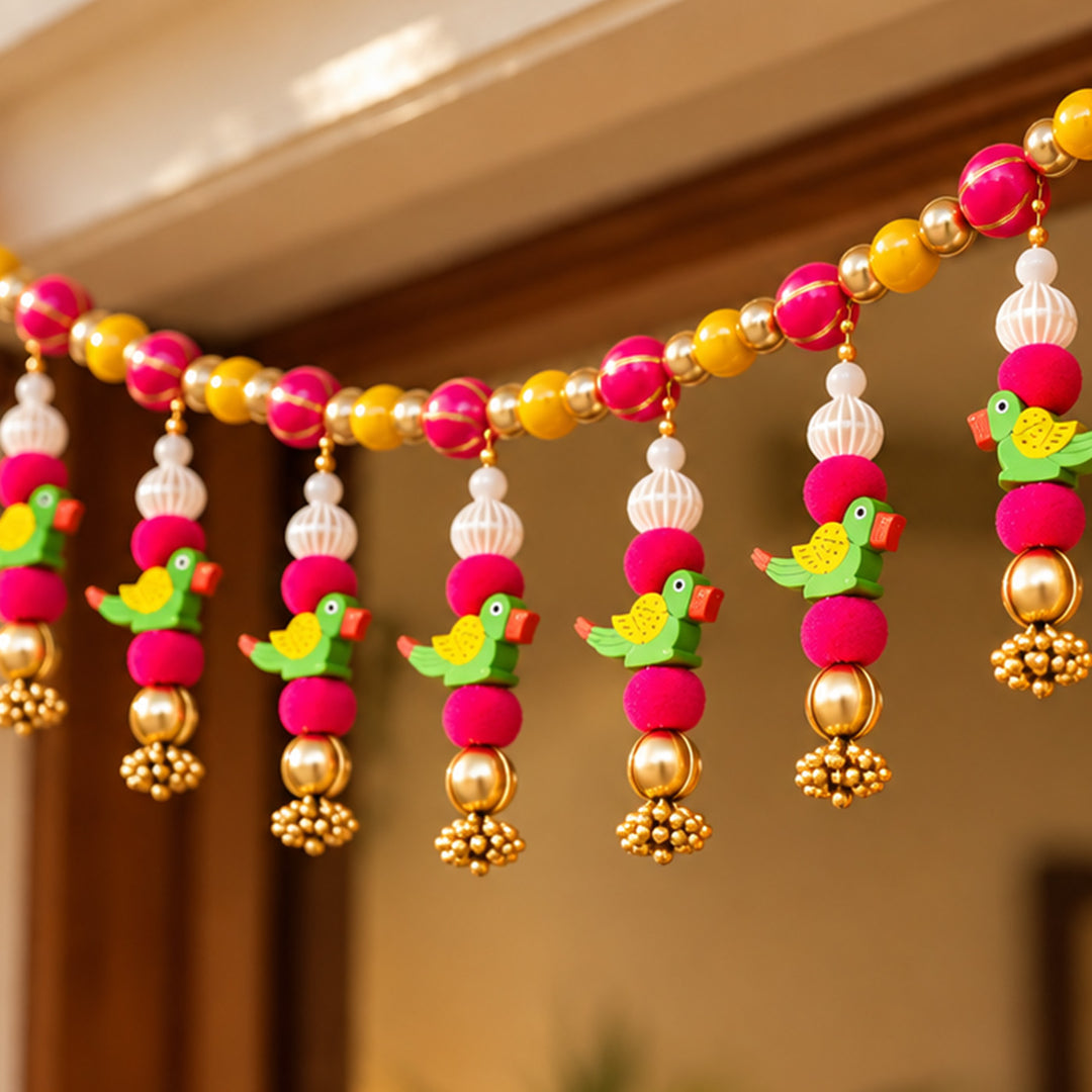 42 In | Handmade Thread Work Peacock Toran with Pom Pom Balls & Beads