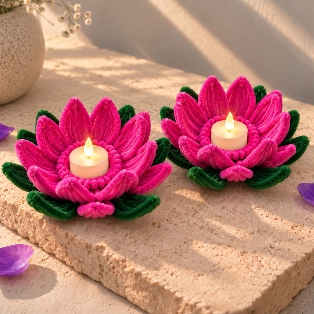 Set of 2 | Handcrafted Rani Pink Lotus Pipe Cleaner LED Tealight Holders