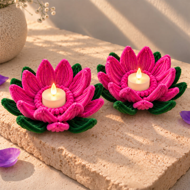Set of 2 | Handcrafted Rani Pink Lotus Pipe Cleaner LED Tealight Holders