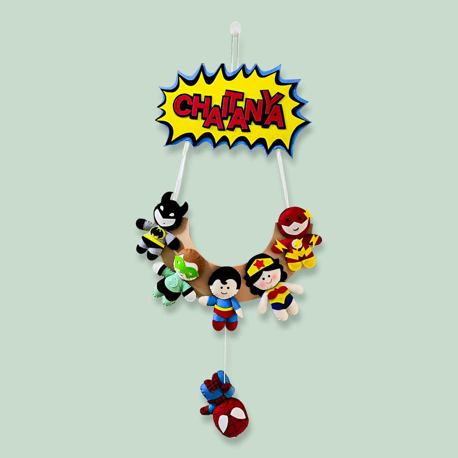 Personalized Superhero Theme Felt Kids Name Plate - Hanging Front View with Nameplate