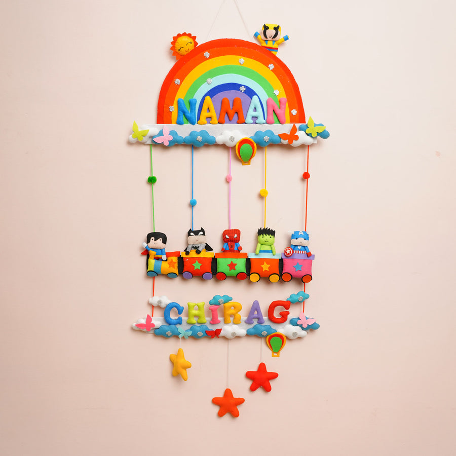 Personalized Rainbow Super Hero Theme Felt Kids Name Plate - Hanging Wall Mobile with Names