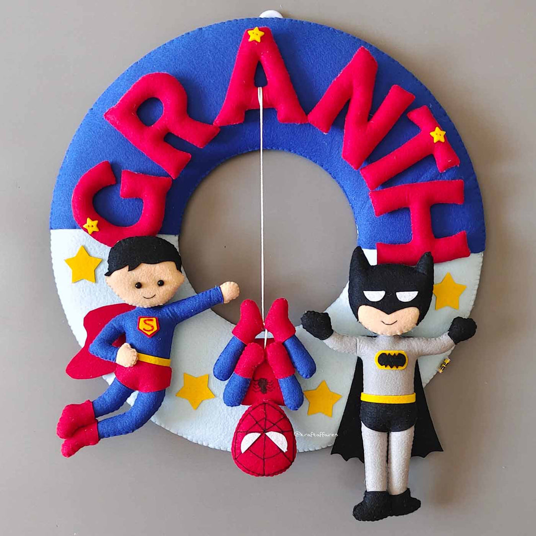 Hand Stitched Superhero Themed Round Felt Kids Name Plate For Boys - Front View Hanging Display