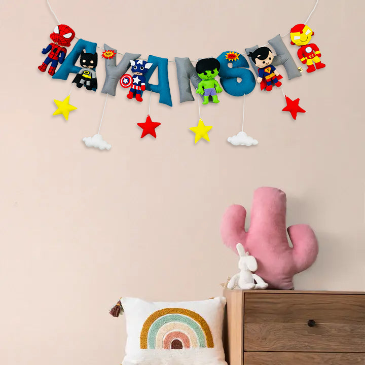 Handcrafted Personalized Superhero Themed Bunting For Kids - Hanging Decorative Name Garland Display