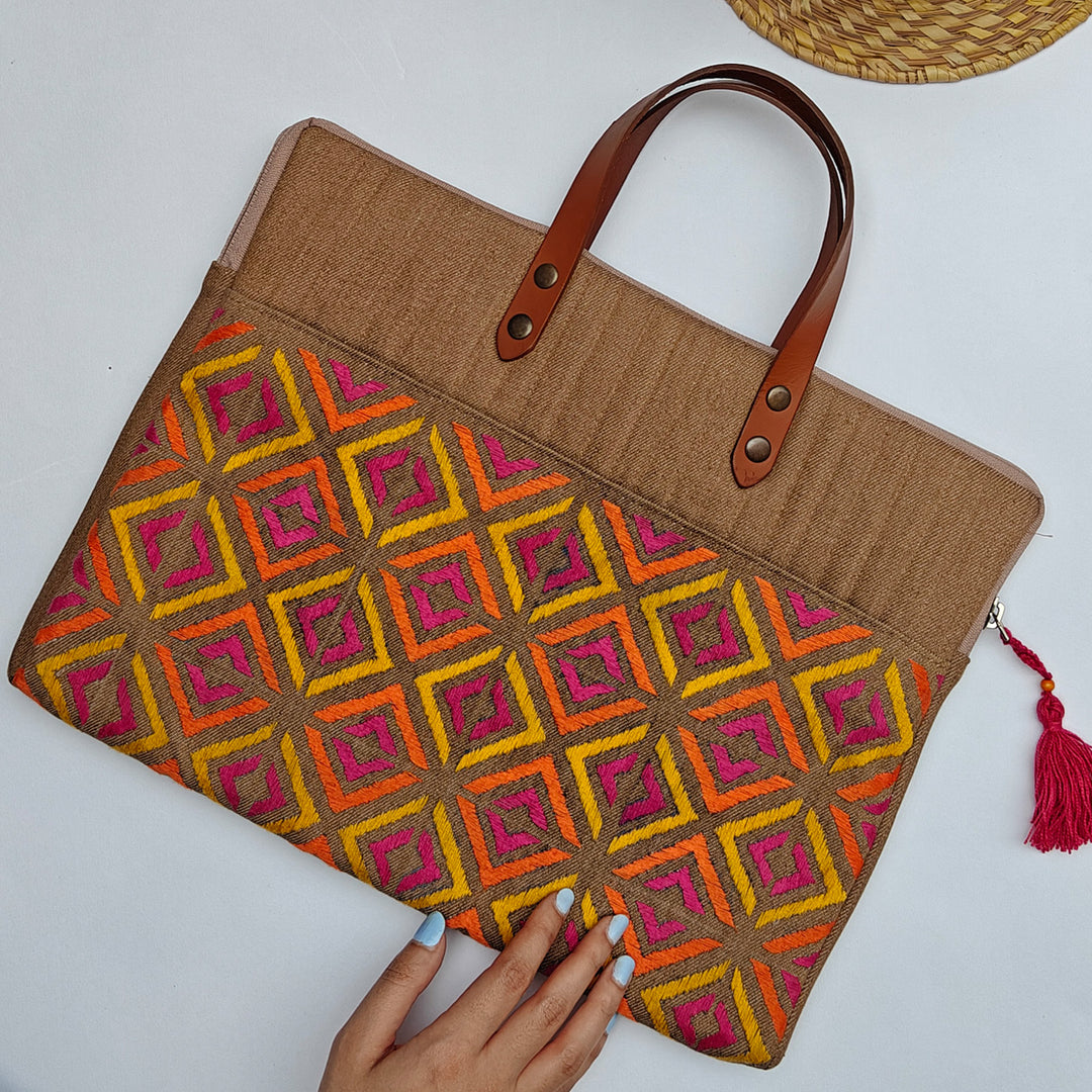 Handcrafted Brown Denim Phulkari Swaran Laptop Bag