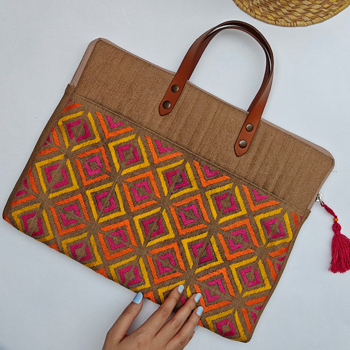 Handcrafted Brown Denim Phulkari Swaran Laptop Bag