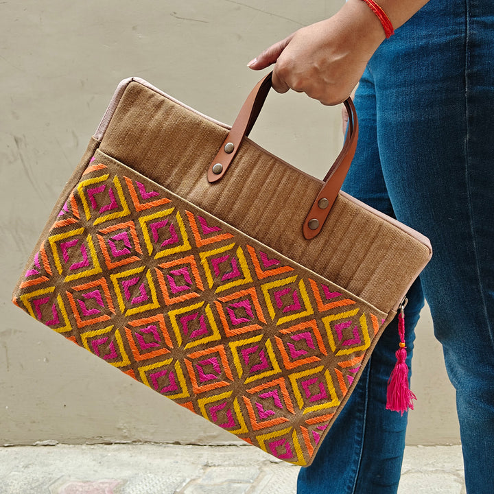 Handcrafted Brown Denim Phulkari Swaran Laptop Bag