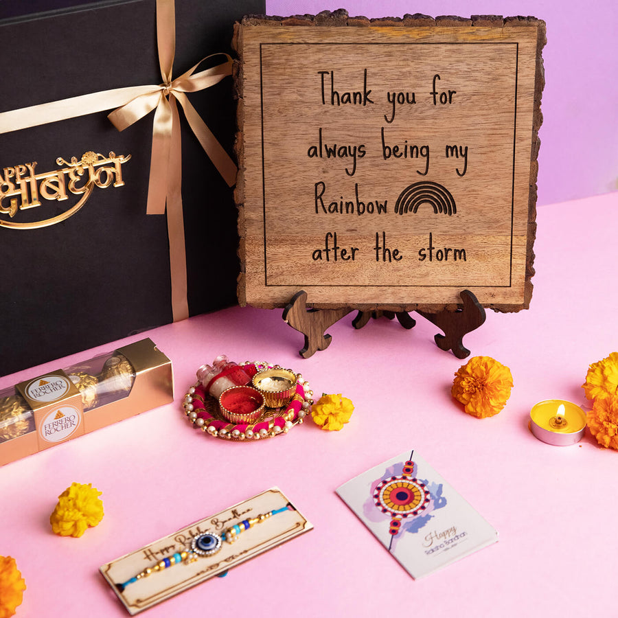 Copy Of Thank You For Being My Rainbow Wooden Plaque Personalized Wedding Gift - Plaque with Rakhi and Gifts Display