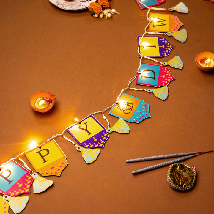 118 In | Festive Happy Diwali Printed Birch Wood Toran with Lights