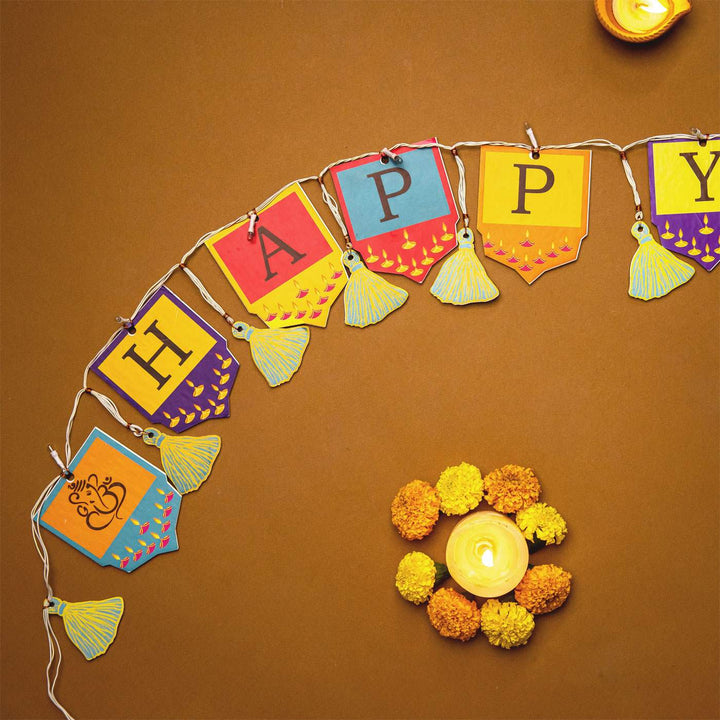 118 In | Festive Happy Diwali Printed Birch Wood Toran with Lights
