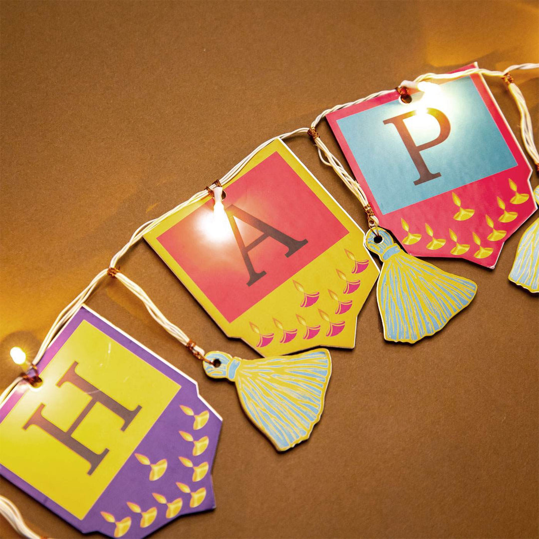 118 In | Festive Happy Diwali Printed Birch Wood Toran with Lights