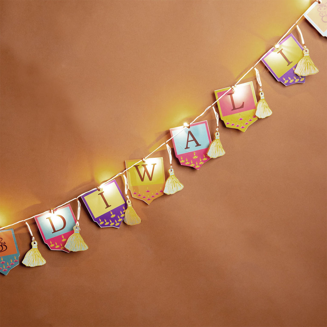 118 In | Festive Happy Diwali Printed Birch Wood Toran with Lights