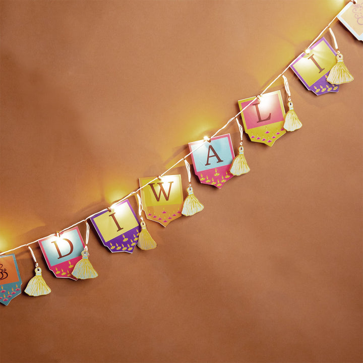 118 In | Festive Happy Diwali Printed Birch Wood Toran with Lights