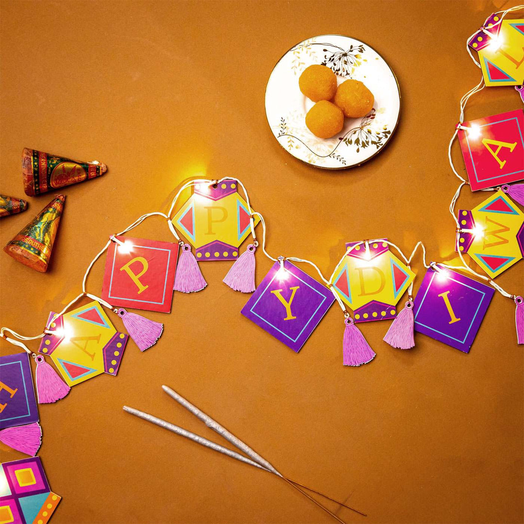 118 In | Festive Happy Diwali Printed Birch Wood Toran with Lights
