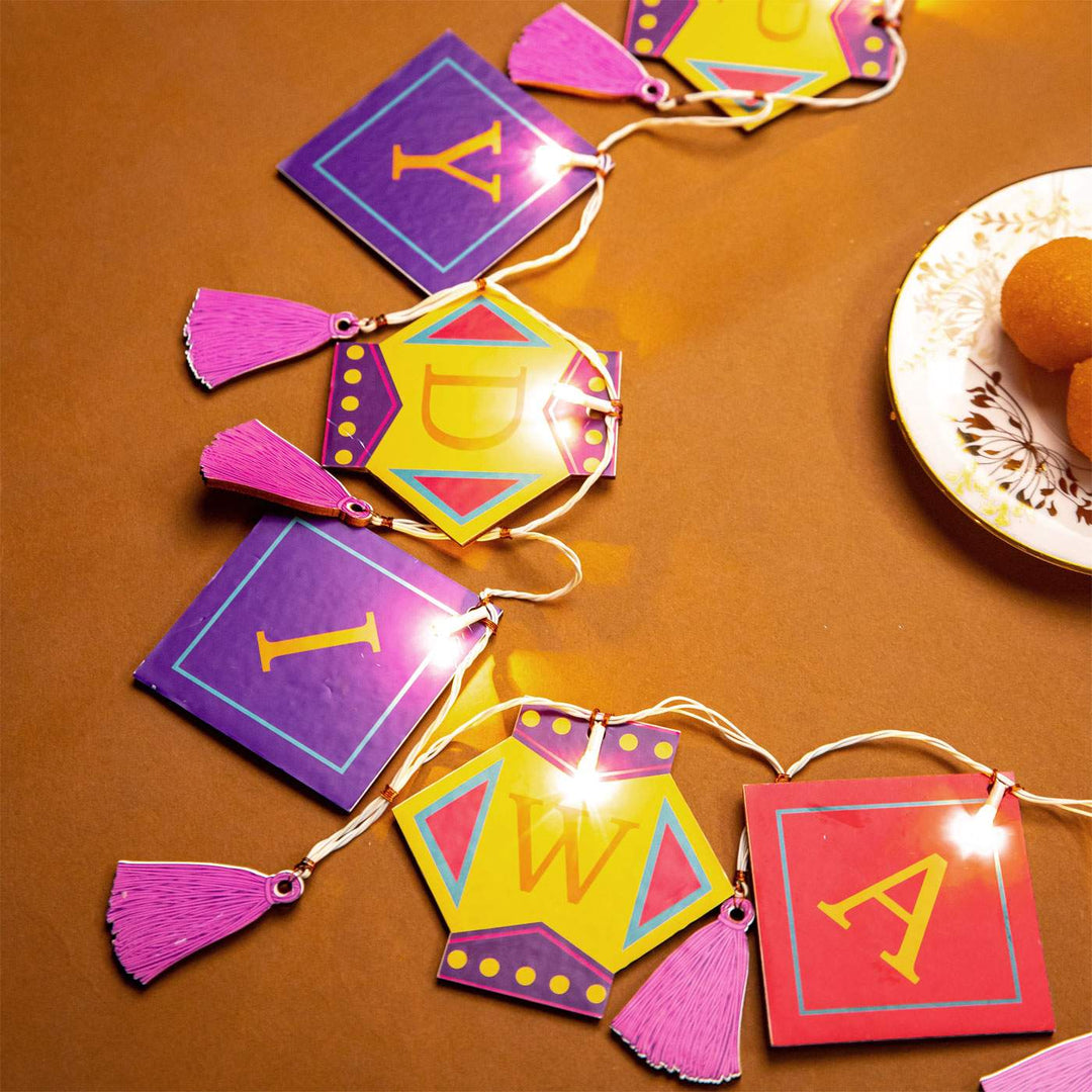 118 In | Festive Happy Diwali Printed Birch Wood Toran with Lights