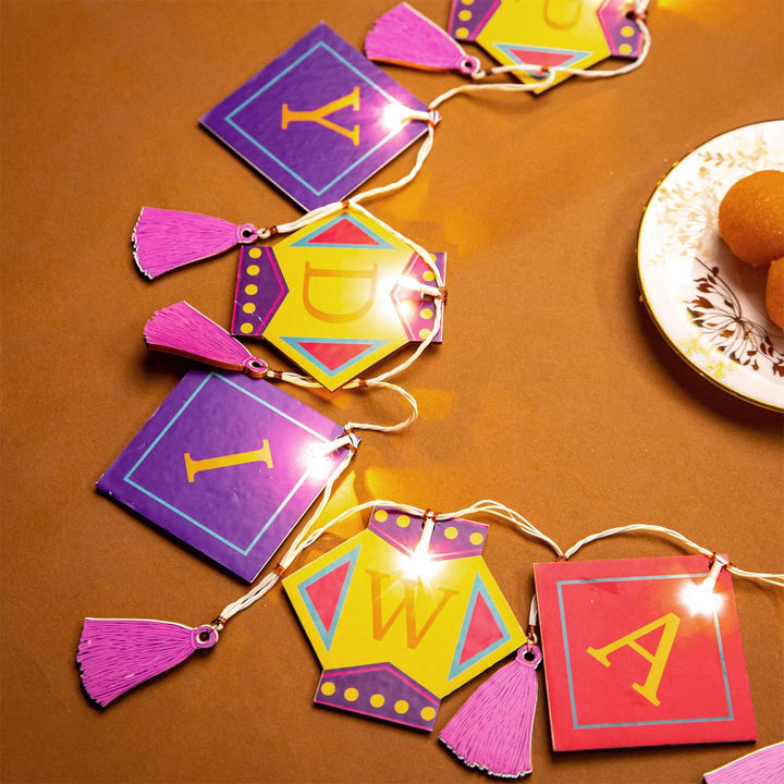 118 In | Festive Happy Diwali Printed Birch Wood Toran with Lights