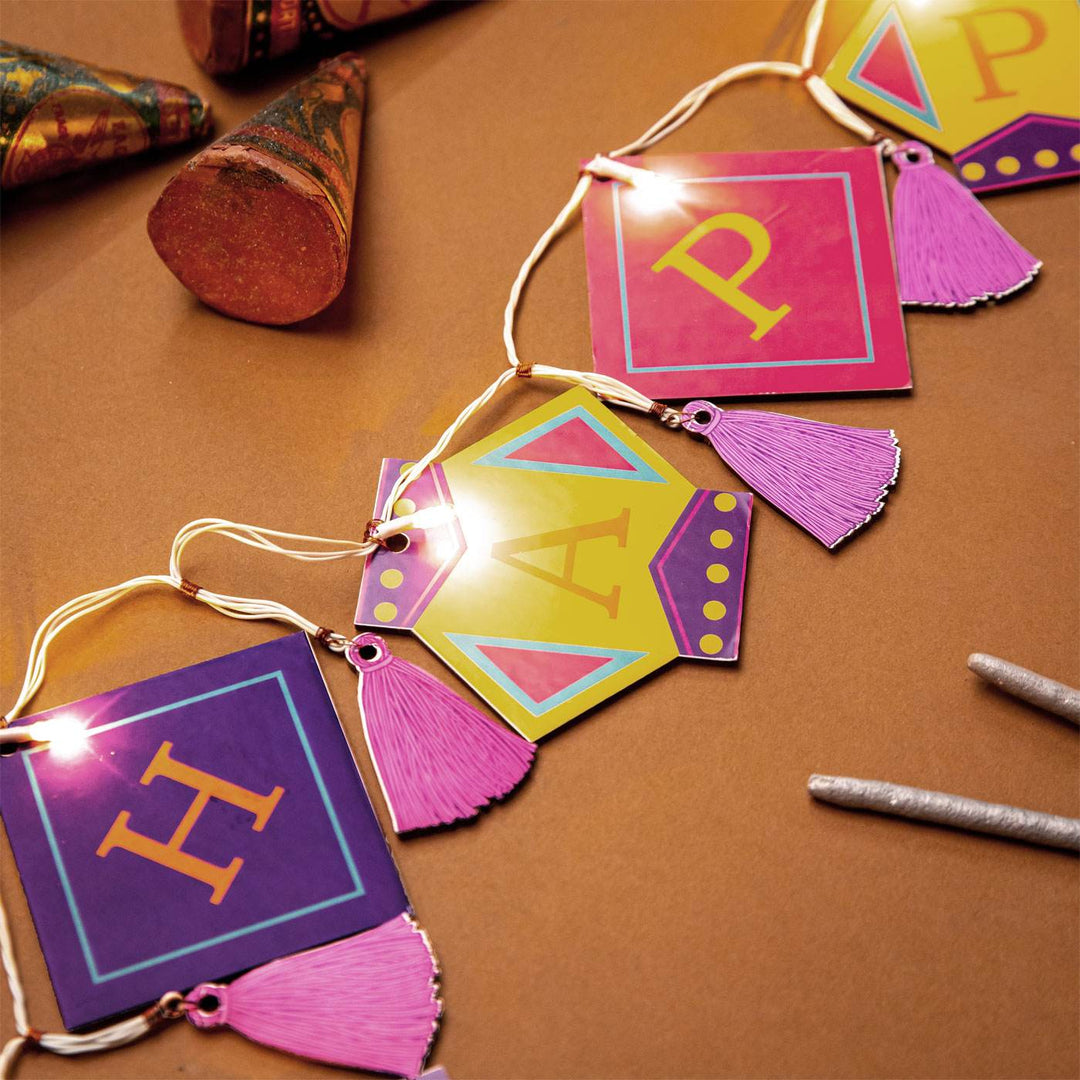 118 In | Festive Happy Diwali Printed Birch Wood Toran with Lights