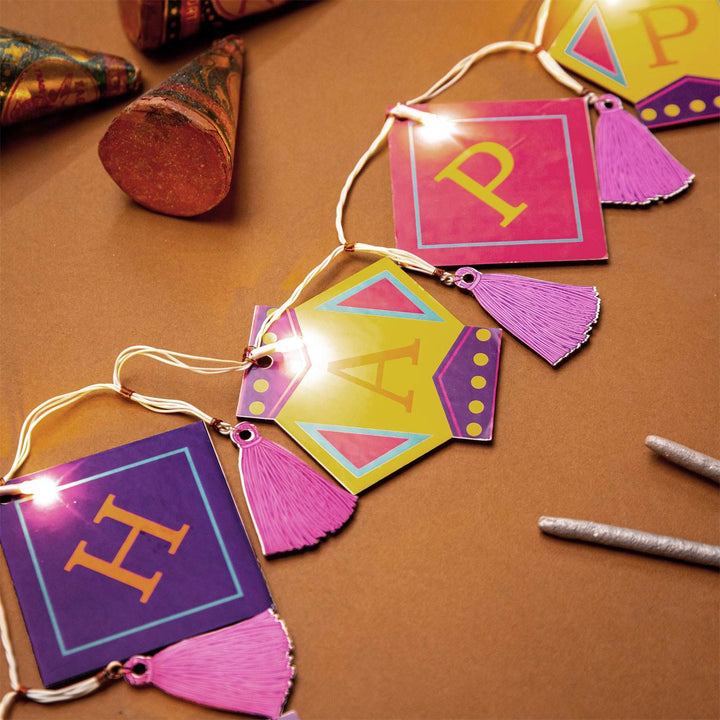 118 In | Festive Happy Diwali Printed Birch Wood Toran with Lights
