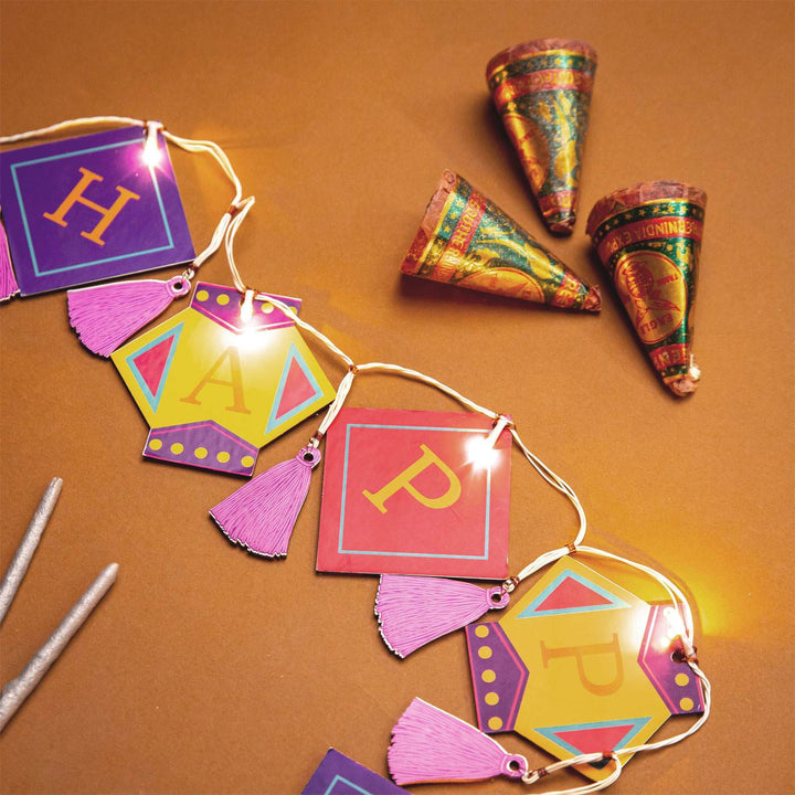 118 In | Festive Happy Diwali Printed Birch Wood Toran with Lights