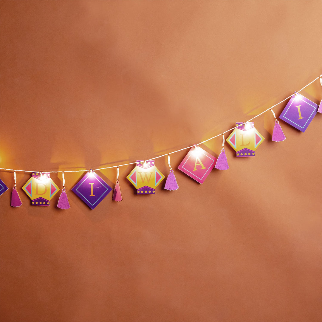118 In | Festive Happy Diwali Printed Birch Wood Toran with Lights