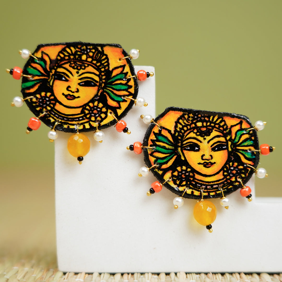Hand-Painted Kerala Mural Yellow Wooden Stud Earrings