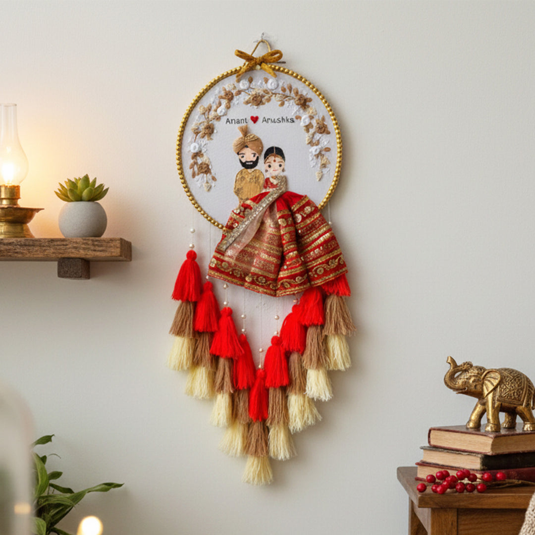Personalized Embroidered Red & Golden Wedding Plaque With Tassels