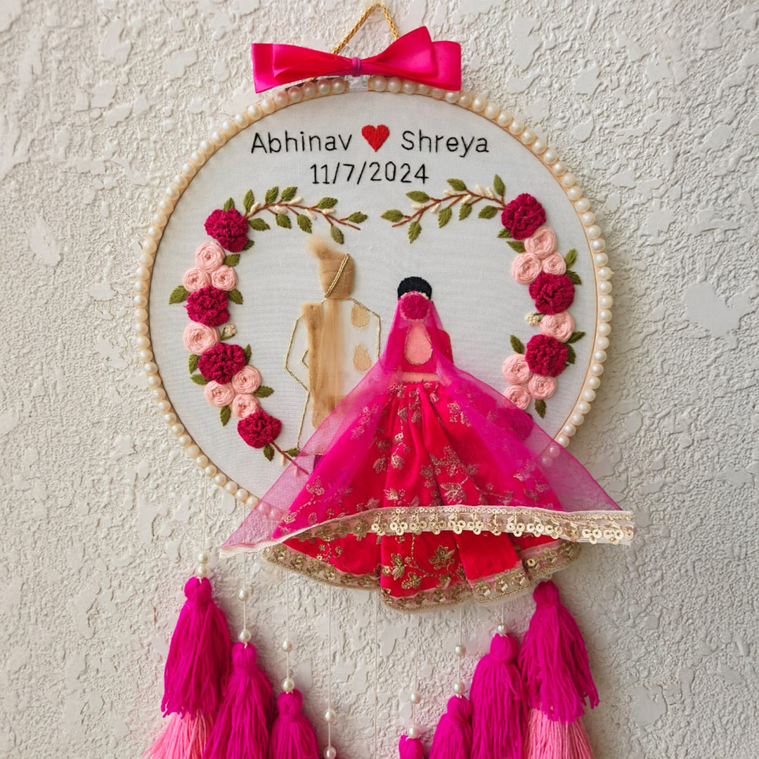 Personalized Embroidered Pink Floral Wedding Plaque With Tassels