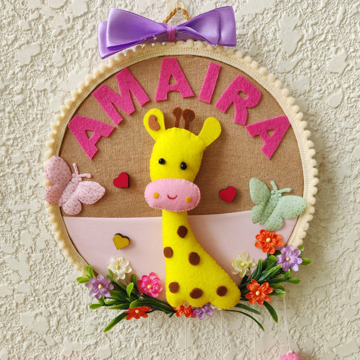 Personalized Giraffe Theme Kids Name Plate With Tassels