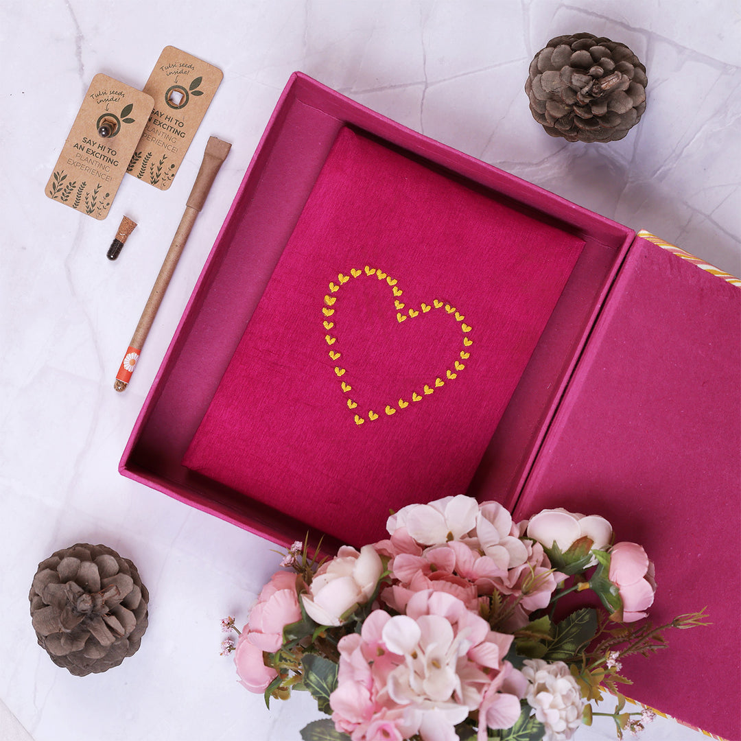 Eco-Friendly Handmade Hamper | 1 A5 Embroidered Hardcover Notebook, 1 Plantable Pen, 2 Seeds & 1 Gift Box