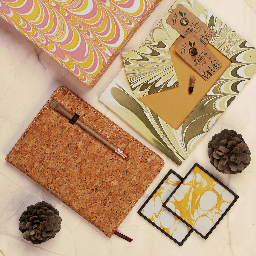Eco-Friendly Handmade Hamper | 1 A5 Cork Hardcover Notebook, 1 Plantable Pen, 2 Seeds, 1 Photoframe, 1 Card, 2 Coasters & 1 Gift Box