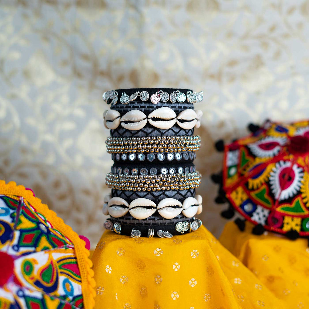 Black And Grey Handcrafted Aishani Shell Beaded Bangles | Set of 12