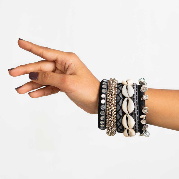 Black And Grey Handcrafted Aishani Shell Beaded Bangles | Set of 12