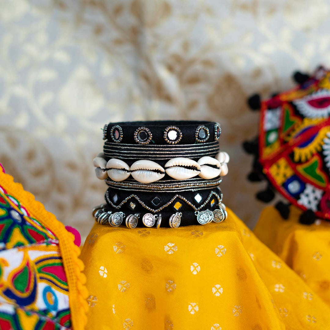 Black Handcrafted Aparna Shell Beaded Bangles | Set of 6
