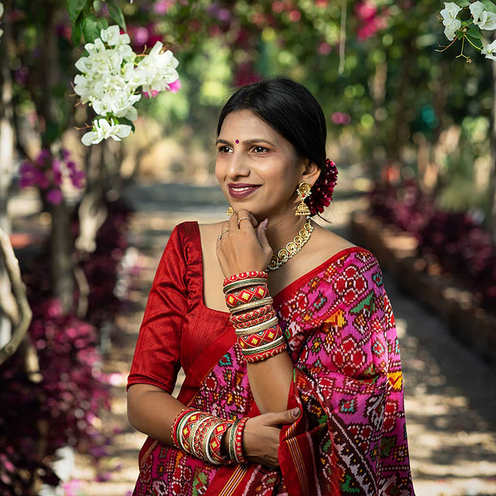 Red And White Handpainted Navratna Embroidered Bangles | Set of 10