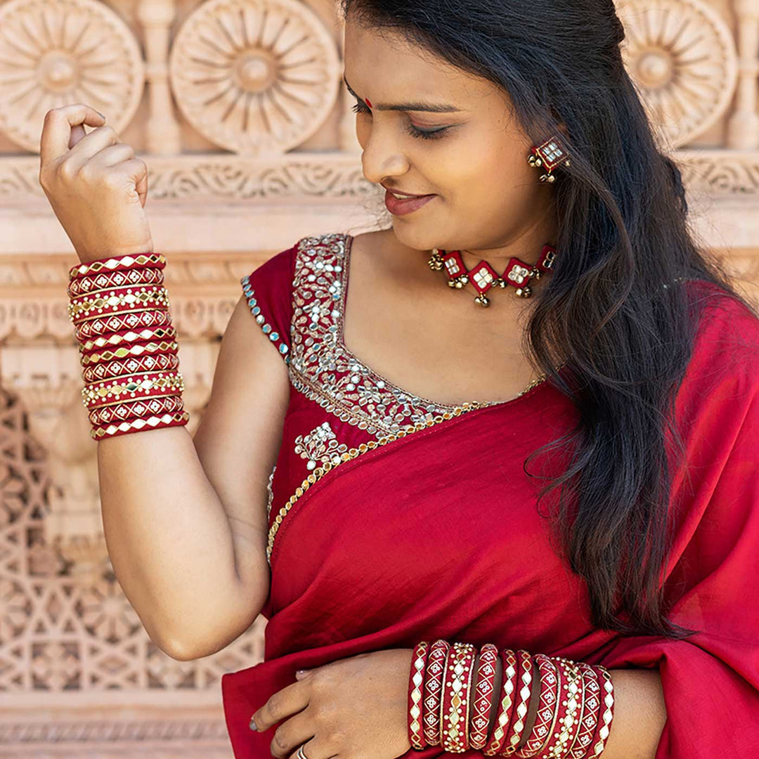 Red Handcrafted Parineeta Mirror Work Bangles | Set of 10
