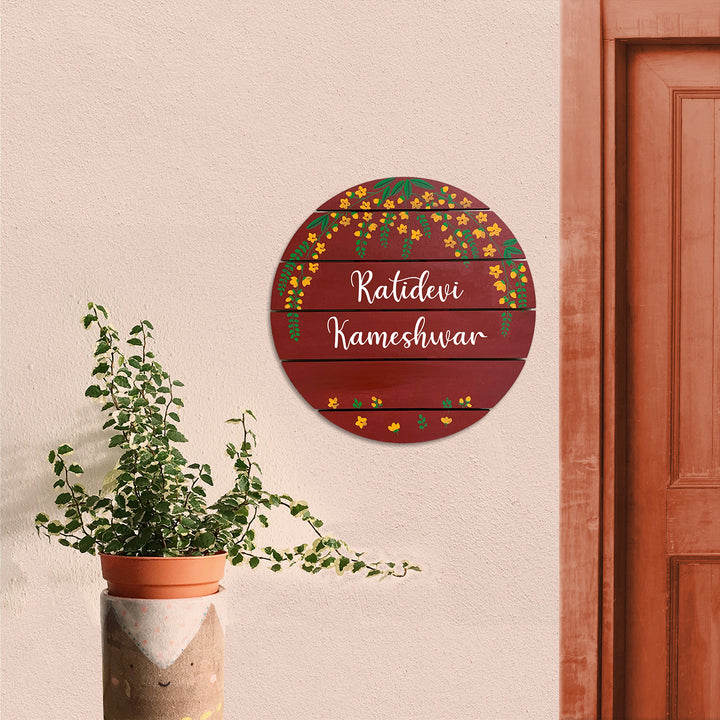 Round Hand Painted Madhubani Art Name Plate 7 - Mounted on Entryway Wall