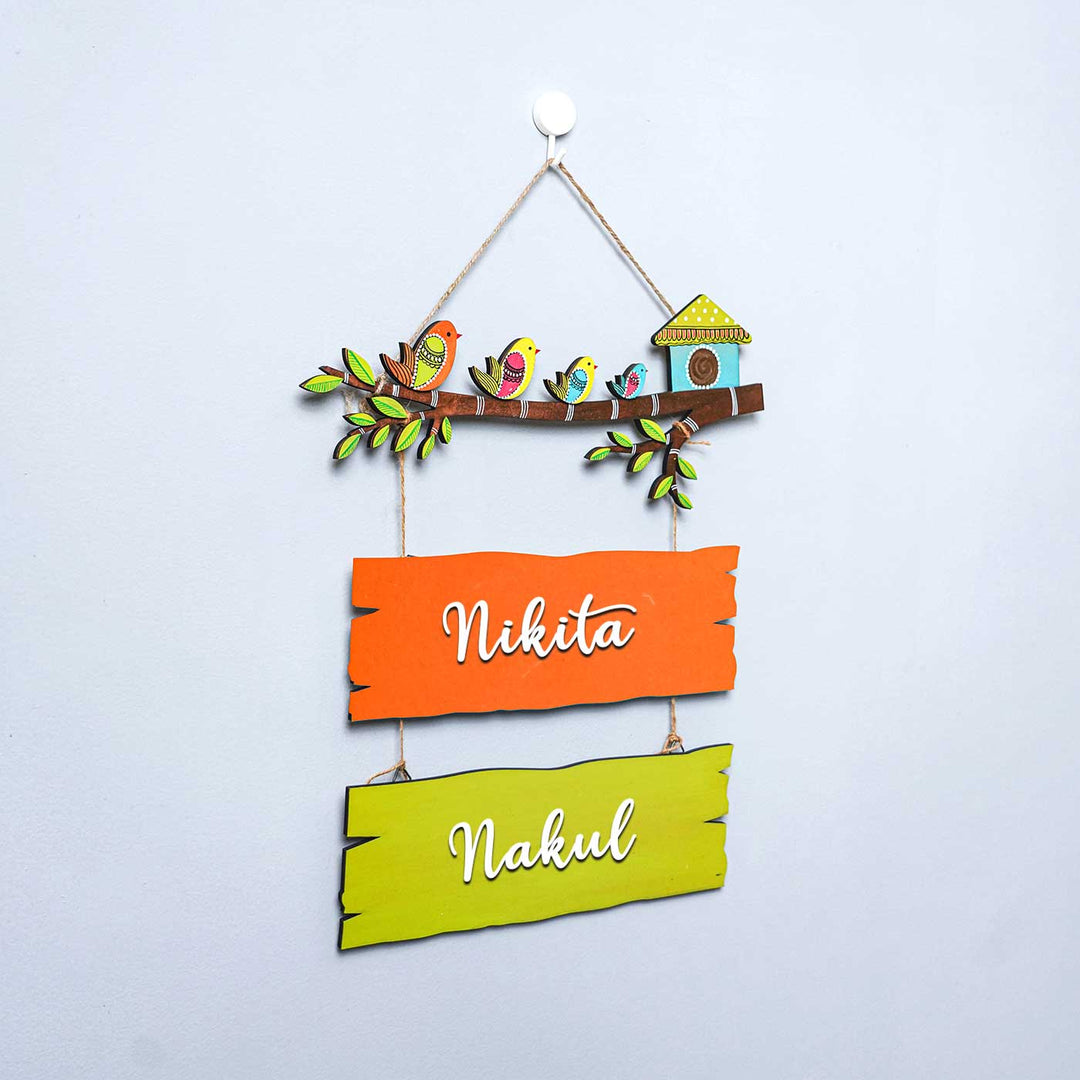 Personalized Hand Painted Sparrow Plank Name Plate - Hanging Personalized Name Sign