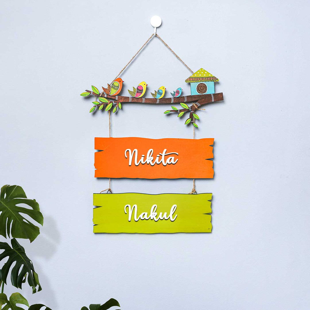 Personalized Hand Painted Sparrow Plank Name Plate - Mounted on Wall with Personalized Names