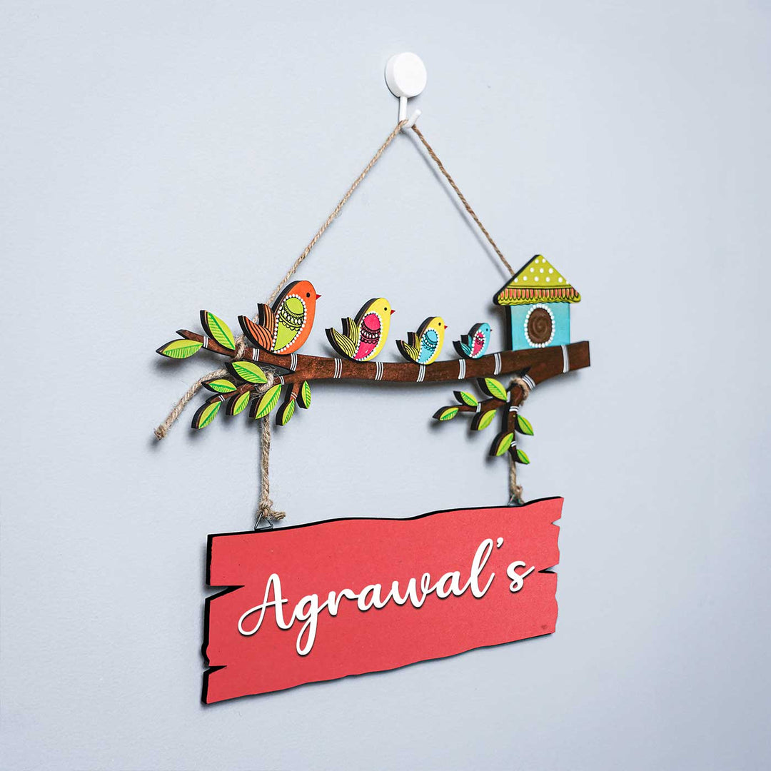 Personalized Hand Painted Sparrow Plank Name Plate - Hanging Wall Sign Front View