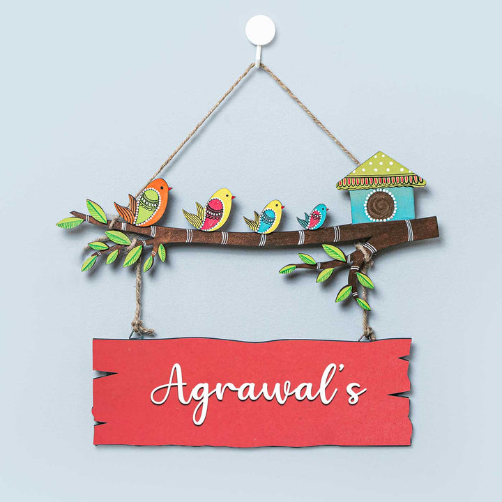 Personalized Hand Painted Sparrow Plank Name Plate - Hanging from Wall Hook